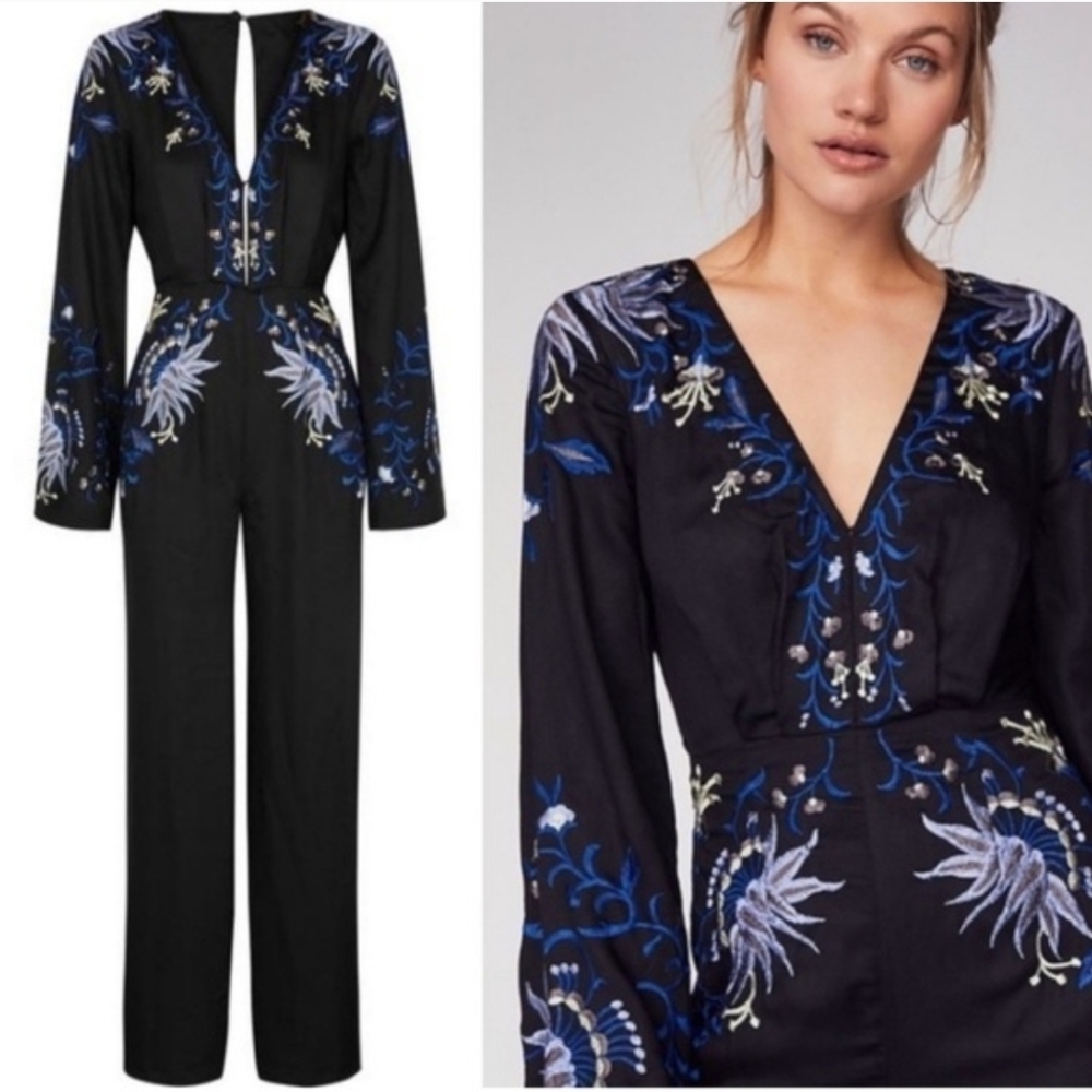Free People Black and Blue Embroidered Jumpsuit